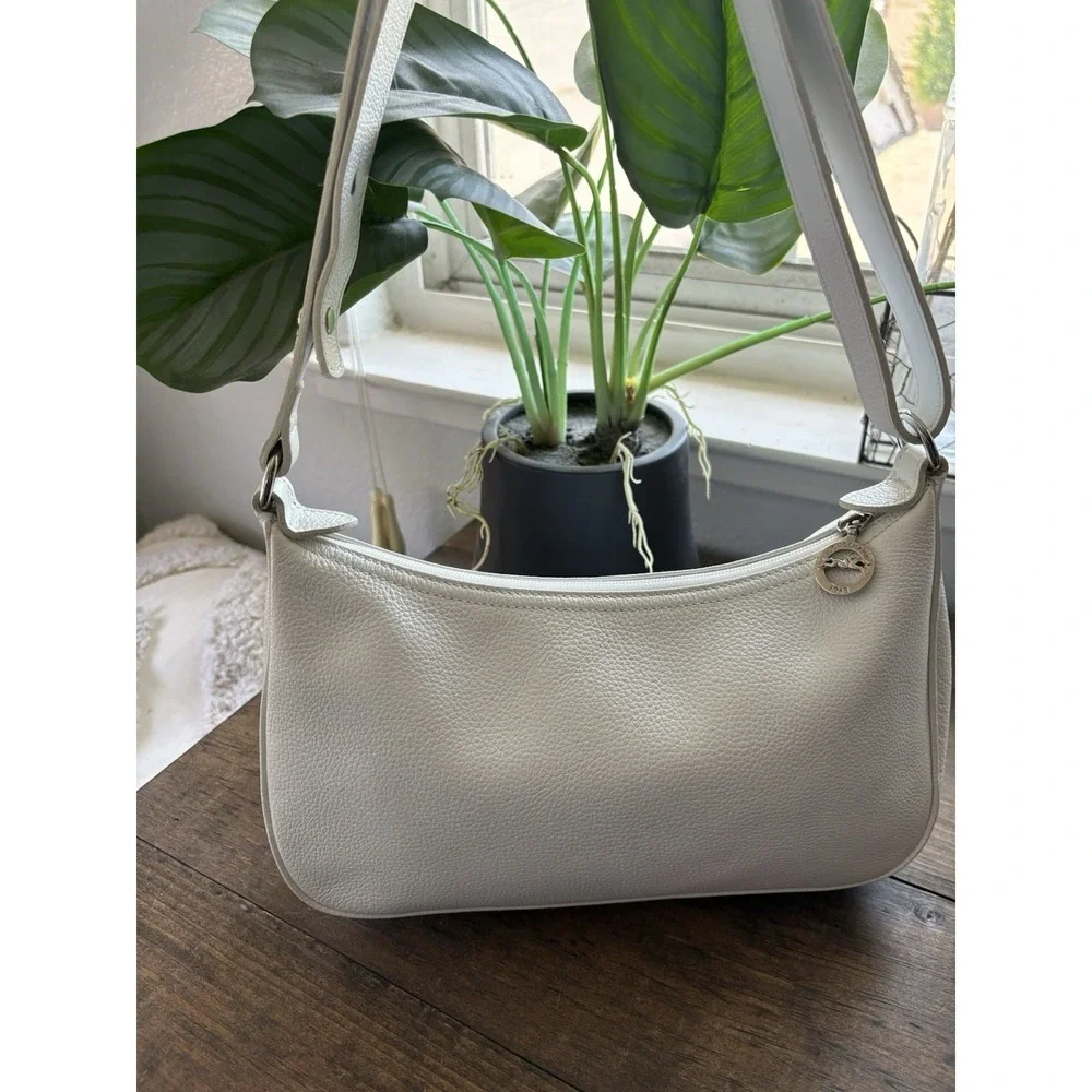 Longchamp Vintage Pebble Leather Baguette Shoulder Bag White Y2K Minimalist